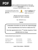 L'Évaluation Formative Au Service de L'Apprentissage de La Compréhension de L'Écrit en Classe de Fle Cas Des Apprenants de La 1AM Master