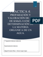 PRACTICA 4. PREPARACIÓN Y VALORACIÓN DE 1 L DE KMnO4 0.02M Y DETERMINACIÓN DE LA MATERIA ORGÁNICA DE UN AGUA.