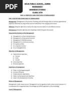 Delhi Public School, Jammu Worksheet Business Studies Class 12Th Part A: Principles and Functions of Management