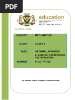 Grade 9 Informal Activities For Algebraic Expressions - Factorisation Learner Copy-1