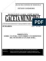 Ordenanza Sobre Cultura, Costumbres y Patrimonios Del Municipio Juan Jose Mora Del Estado Carabobo. Gaceta Municipal #022-A-2006 (11-10-2006)