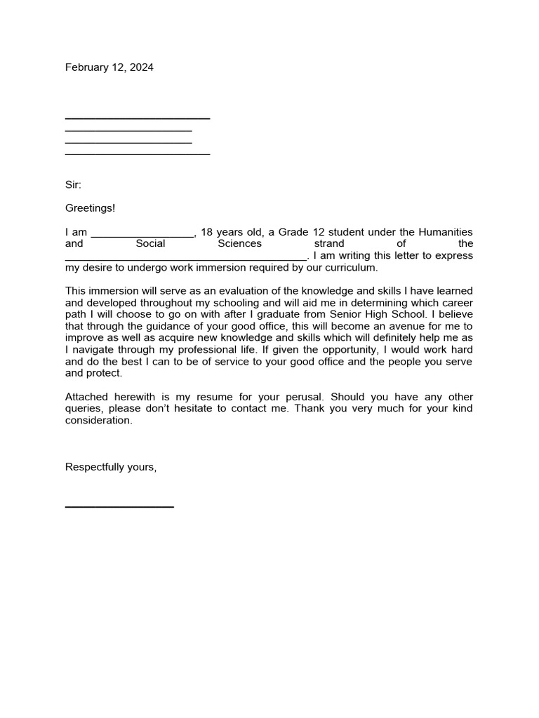 Application Letter For School Immersion | PDF