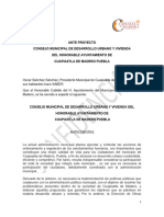 Ante Proyecto de Consejo de Desarrollo Urbano y Vivienda Del H. Ayuntamiento de Cuapiaxtla de Madero Puebla. OSS