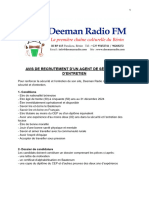 Avis de Recrutement D'un Agent de Sécurité Et D'entretien - Deeman Radio