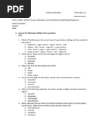 Multiple Choice Practice Questions For Grade 6-7 On Cells, Tissues, and Organs, and Classifying and Identifying Organisms