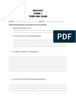 Form One Biology Set 3 QNS