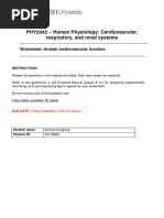 PHY2042 Human Cardiovascular Function Worksheet - KINU