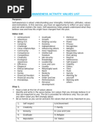 Values List Activity (Handout)