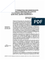 Didactique Et Formation Des Enseignants Des Recherches en Didactique Des Sciences À La Formation Des Enseignants: Quels Liens, Quelles Interactions ?