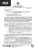 Regional Memorandum QAD-2024-025 ON-SITE MONITORING AND EVALUATION OF ELEMENTARY AND JUNIOR HIGH SCHOOL PRIVATE EDUCATION INSTITUTIONS (PEIs)