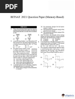 BITSAT 2021 Question Paper (Memory-Based)