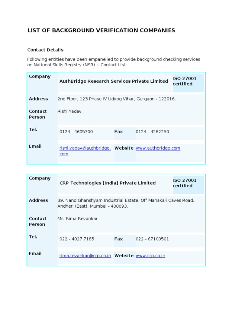 List of Background Verification Companies | PDF | Delhi | New Delhi