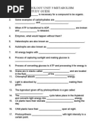 Biology Unit 3 Metabolism Study Guide