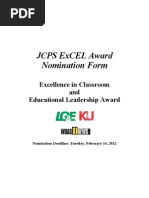 Jcps Excel Award Nomination Form: Excellence in Classroom and Educational Leadership Award