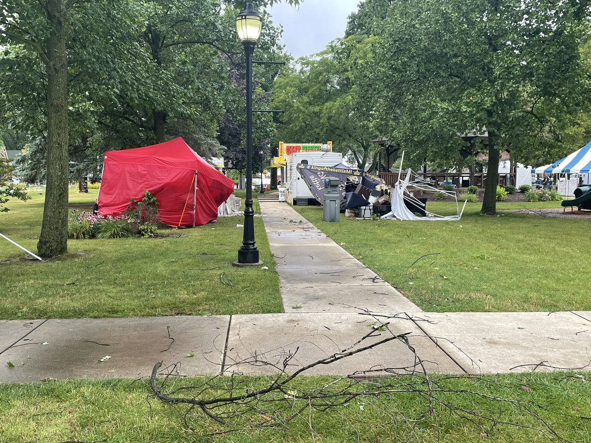 Widespread wind damage across New Carlisle from earlier this morning. 10-15 ft tree knocked down at the corner of College and Chestnut street with tents completely blown over between Bray and College streets