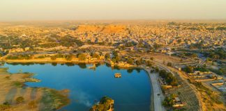 Aerial view of Jaisalmer Gadsisar lake, the golden city fort of Rajasthan, India