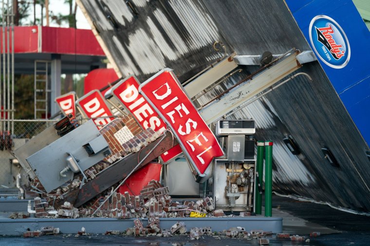 PERRY, FLORIDA - AUGUST 30: A storm-damaged gas station is seen after Hurricane Idalia crossed the state on August 30, 2023 in Perry, Florida. The storm made landfall at Keaton Beach, Florida as a category 3 hurricane. (Photo by Sean Rayford/Getty Images) *** BESTPIX ***