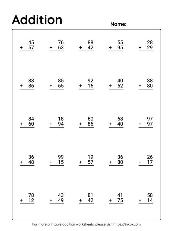 Free Printable 2 Digit Addition Worksheet with Regrouping #2 · InkPx