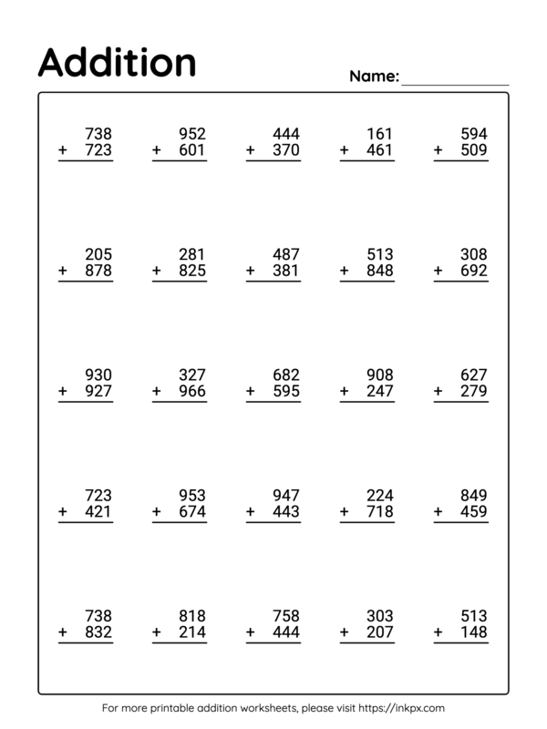 Free Printable 3 Digit Addition Worksheet with Regrouping #1 · InkPx