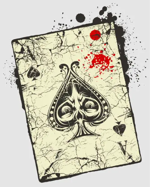 A black and white image of a tattered ace of spades playing card with what appear to be red blood drops on it and ink splatters behind it.