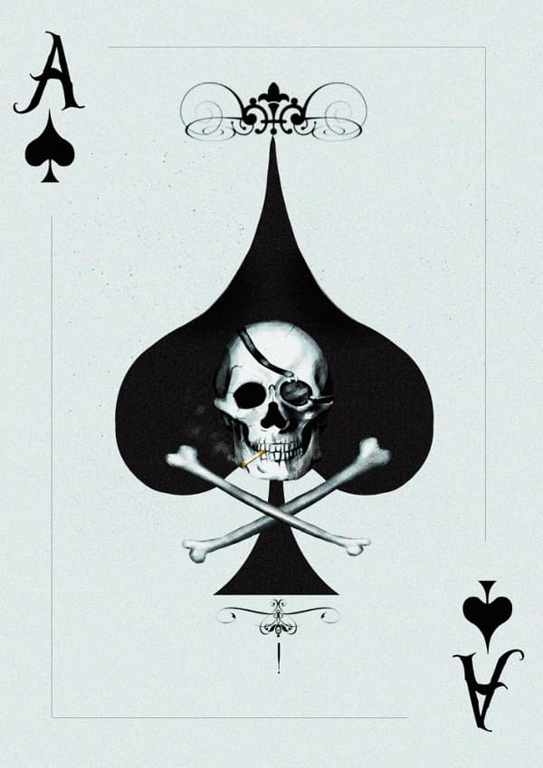 A black and white image of an ace of spades playing card with a pirate skull and crossbones in the middle of the spade.