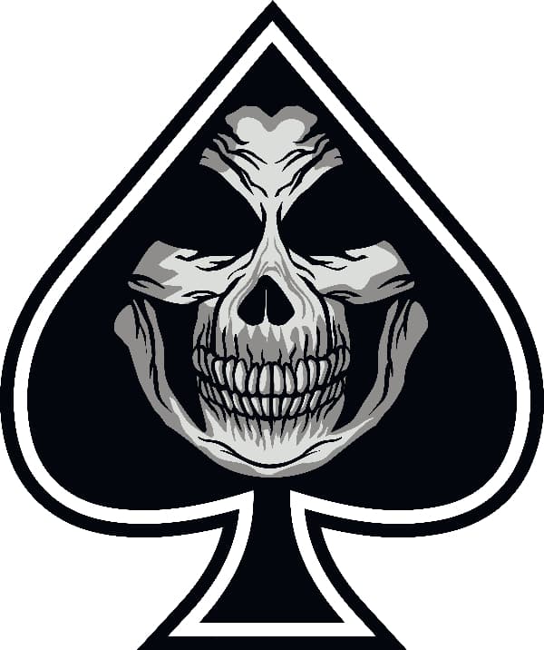 A black, white, and gray image of a spade with a skull face in the middle.