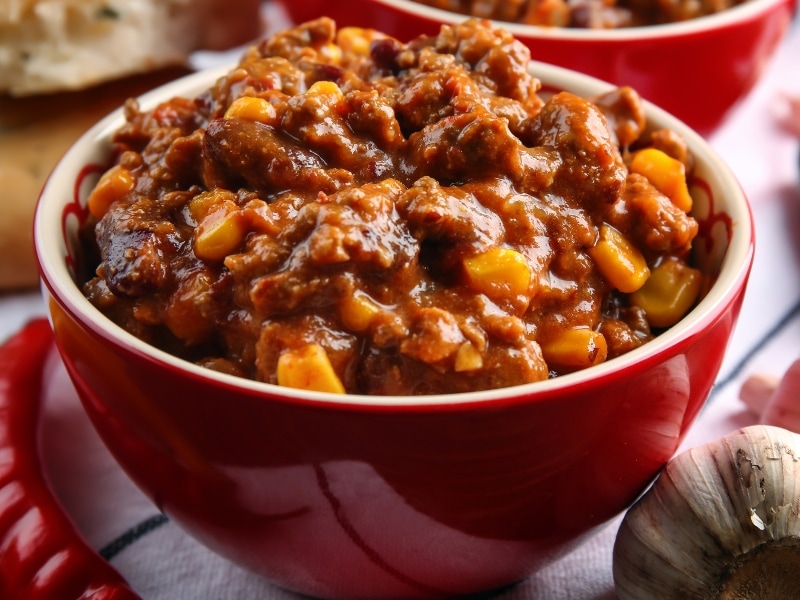 Chili in a Red Ceramic Bowl