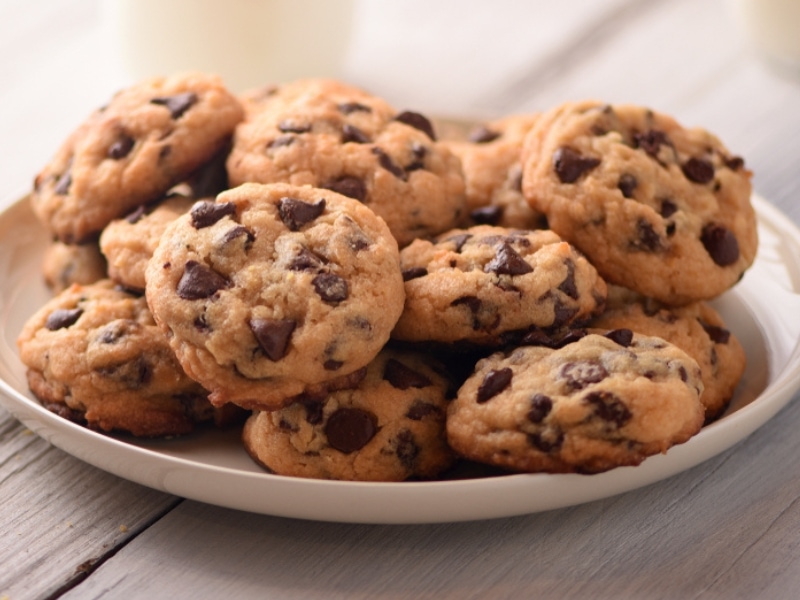 Chocolate Chip Cookies Served on a Round White Plate