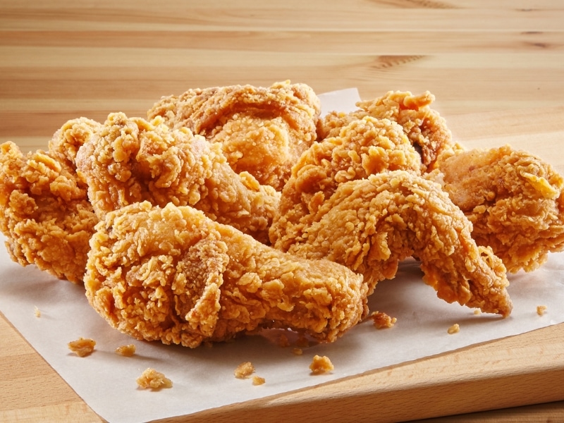 Fried Chicken on a Parchment Paper on a Wooden Table