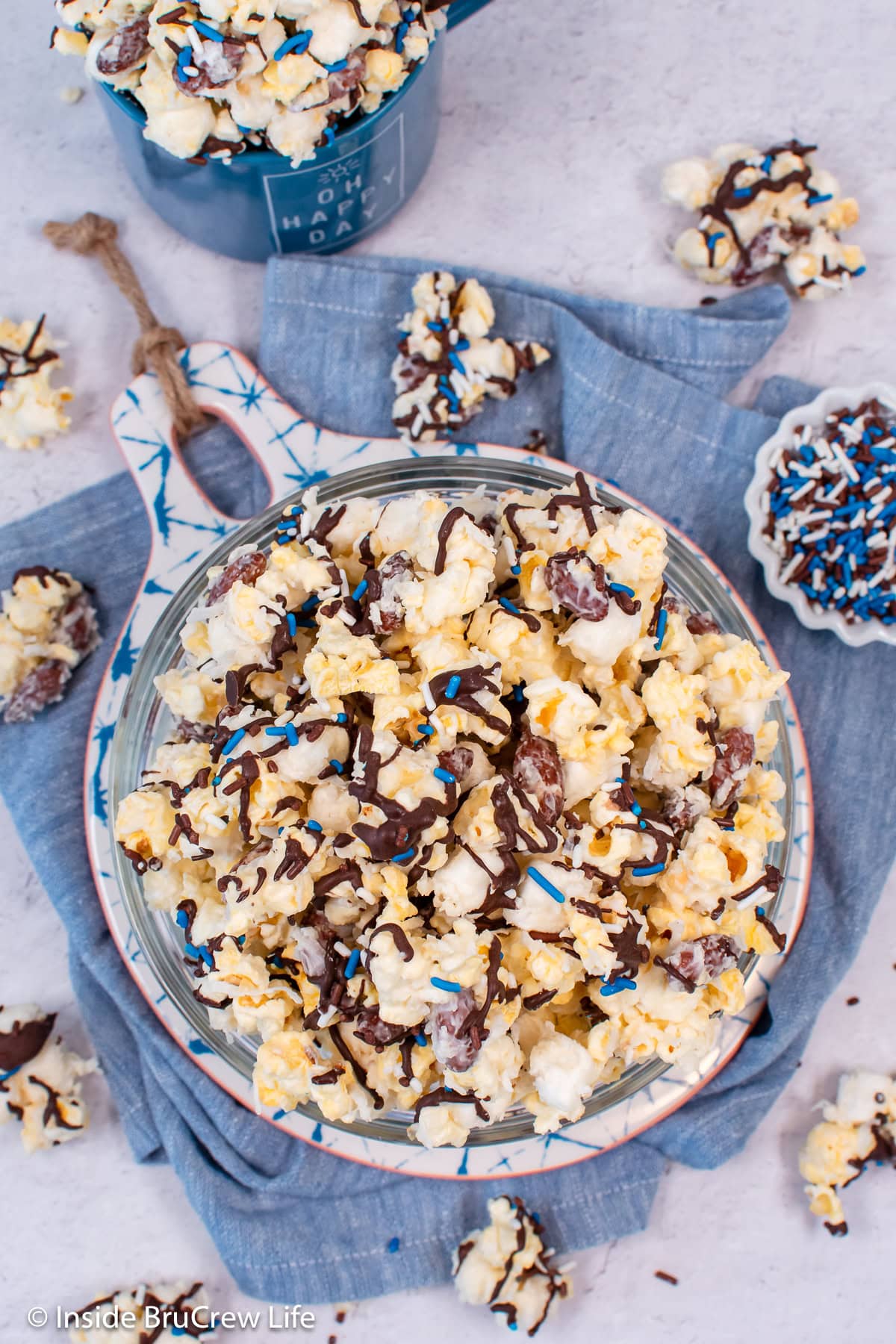 A large bowl full of Almond Joy popcorn.