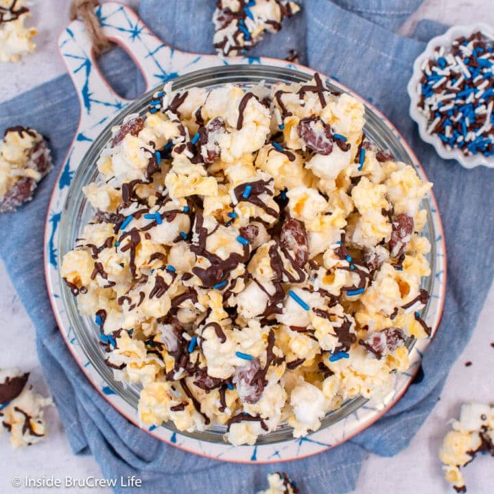 A large bowl full of Almond Joy popcorn.