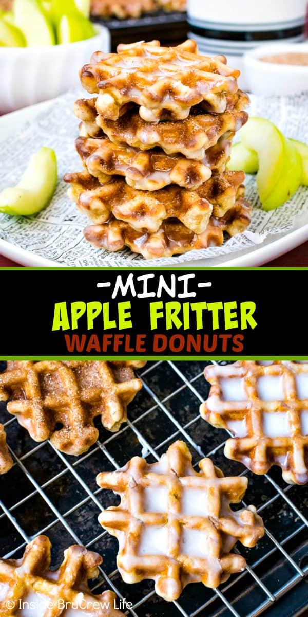 Mini Apple Fritter Waffle Donuts - these little homemade waffle donuts are loaded with apples and dunked in a sweet glaze. Make these donuts for after school snacks or breakfast this fall. #apple #waffles #donuts #applefritters #fallsnacks #breakfast #afterschoolsnack #waffledonuts #crunchpak