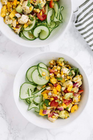 Summer Chopped Chicken Salad with Spiralized Cucumbers and Salsa Verde