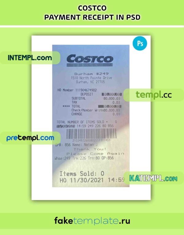 Costco payment receipt PSD download template