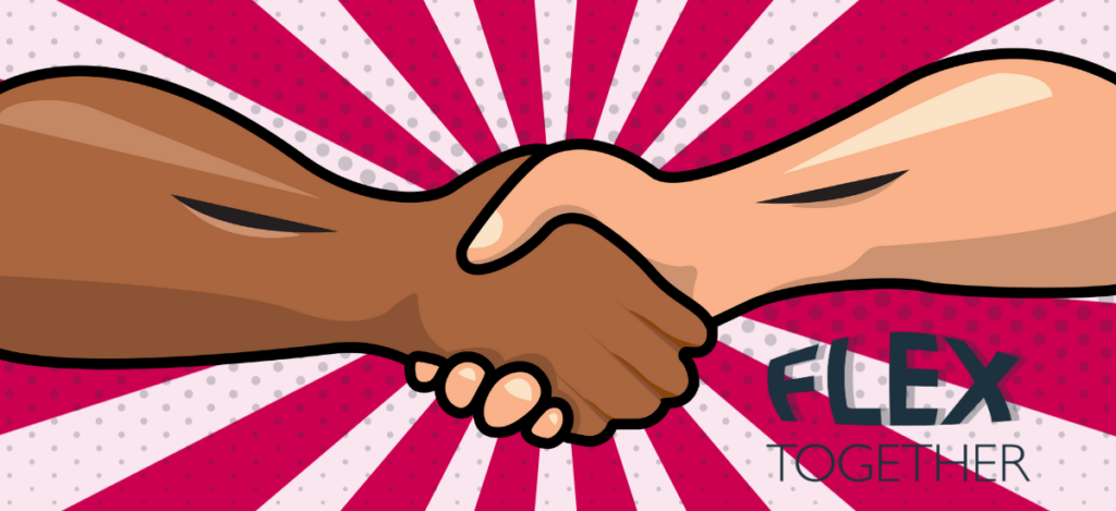 Illustration of a handshake with the words Flex Together.