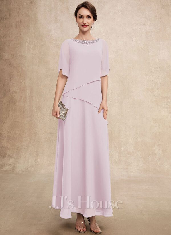 Dusty Lavender A-line Scoop Ankle-Length Chiffon Mother of the Bride Dress With Beading