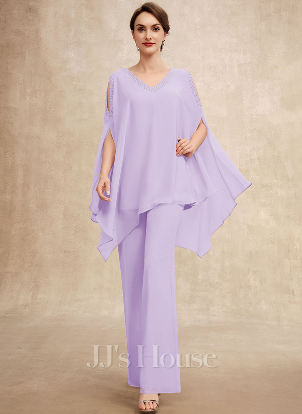 Lilac Separates Pantsuit V-Neck Floor-Length Chiffon Mother of the Bride Dress With Beading