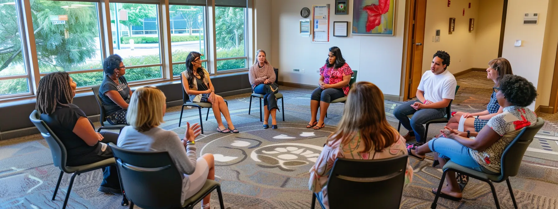 a diverse group of coworkers gathered in a circle, engaged in open and supportive dialogue, creating a culture of trust and communication within the workplace.