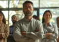 a group of coworkers standing united in support of a colleague, with arms crossed and determined expressions, ready to confront false accusations at work.