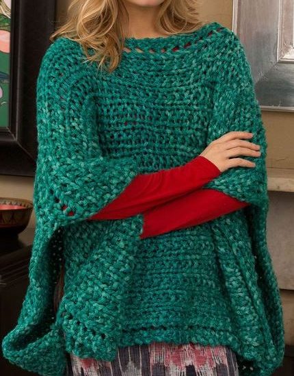 Free knitting pattern for Boat Neck Poncho - Beginner pattern in super bulky yarn.