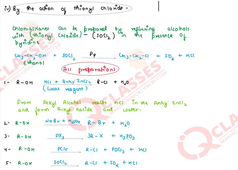 method of preparation of haloalkanes from alcohol by the action of thionyl chloride