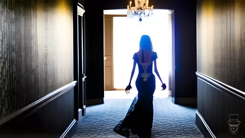 A woman in a long black dress is walking down a hallway.