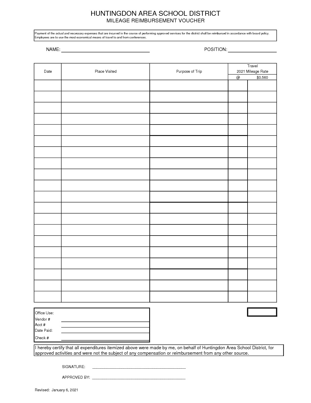 IRS Mileage Reimbursement 2021 Form