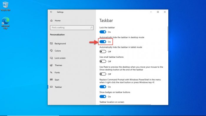 Enable auto hiding taskbar feature Windows 10