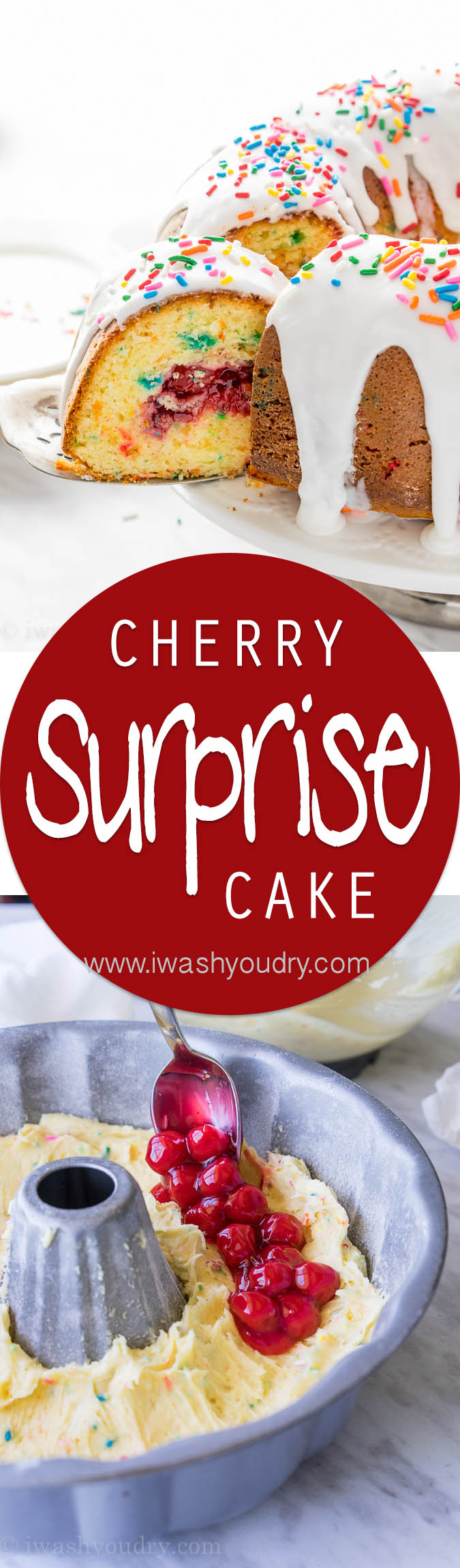 This Cherry Surprise Cake is a moist funfetti cake that's filled with cherry pie filling! So fun and so delicious, my whole family loved it!