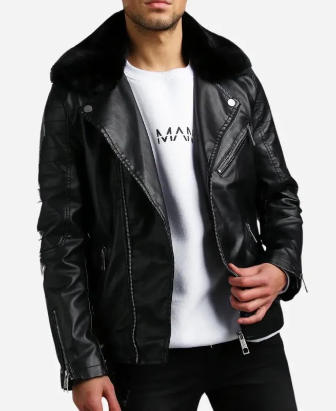 Mens Leather Biker Jacket With Fur Collar