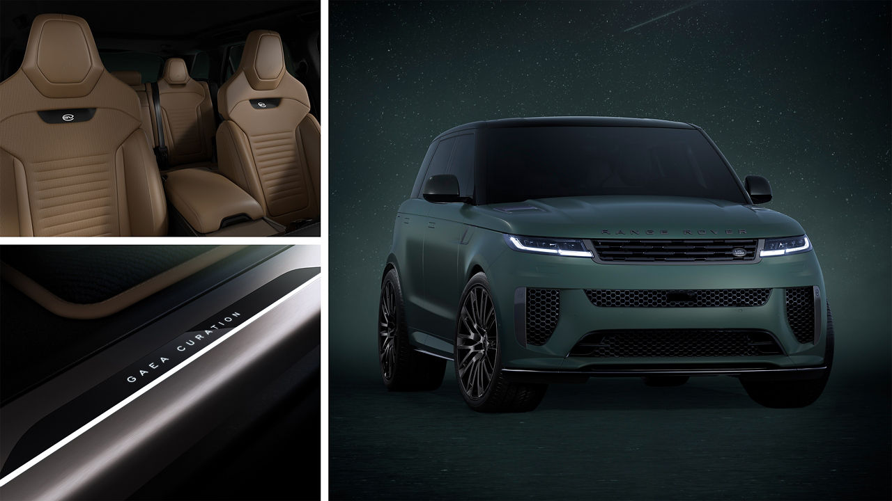 Three photos; Range Rover Sport parked and interior