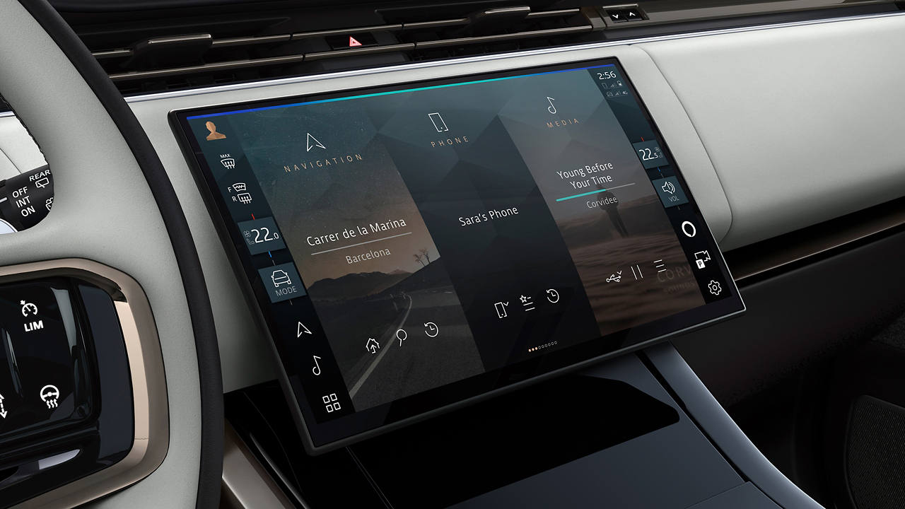 Range Rover Sport interior dashboard and infotainment system.