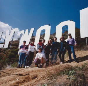 Joe Toplyn, Charlie Sheen, and "Tonight Show with Jay Leno" staff at the Hollywood sign