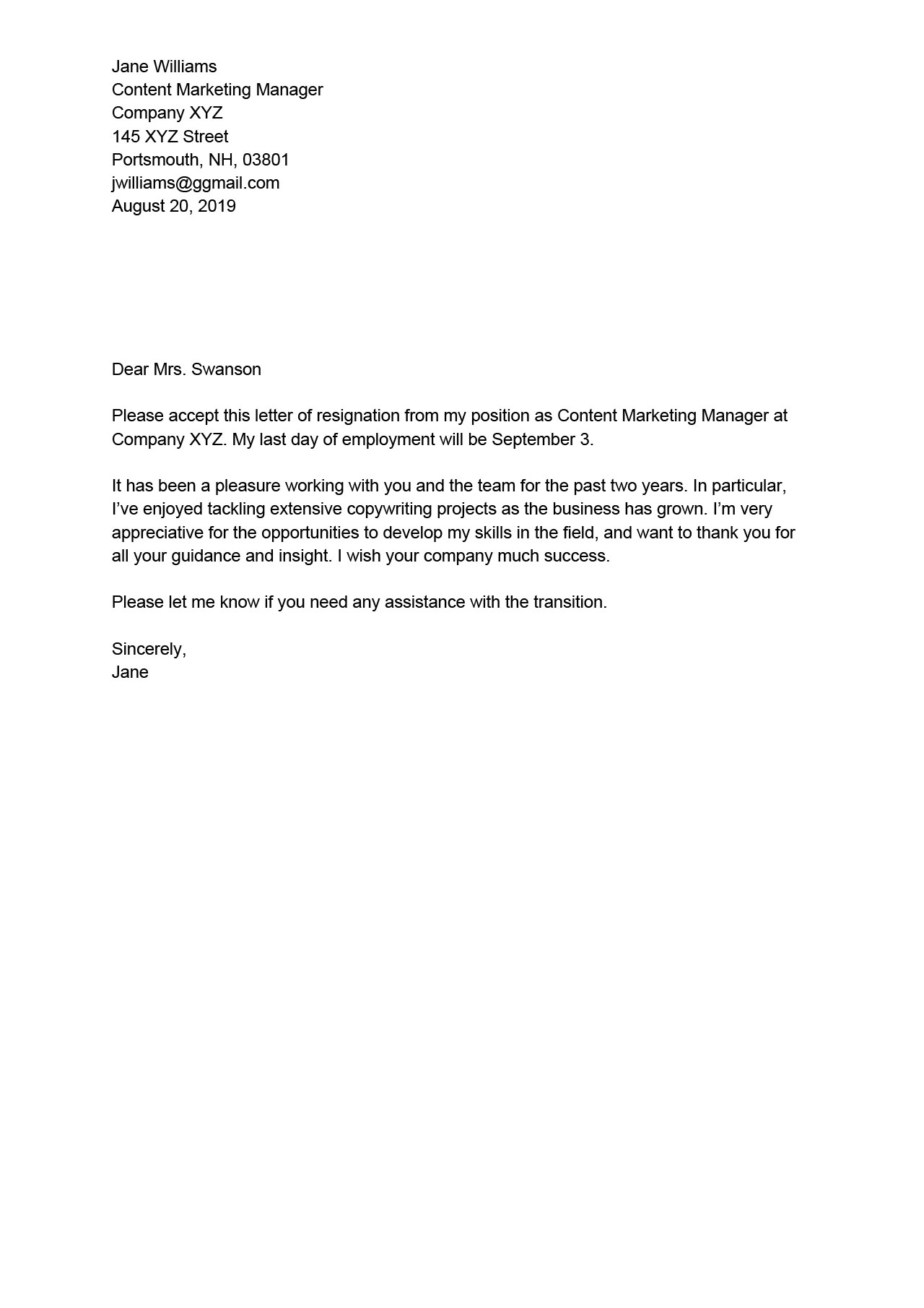 Short Formal Resignation Letter